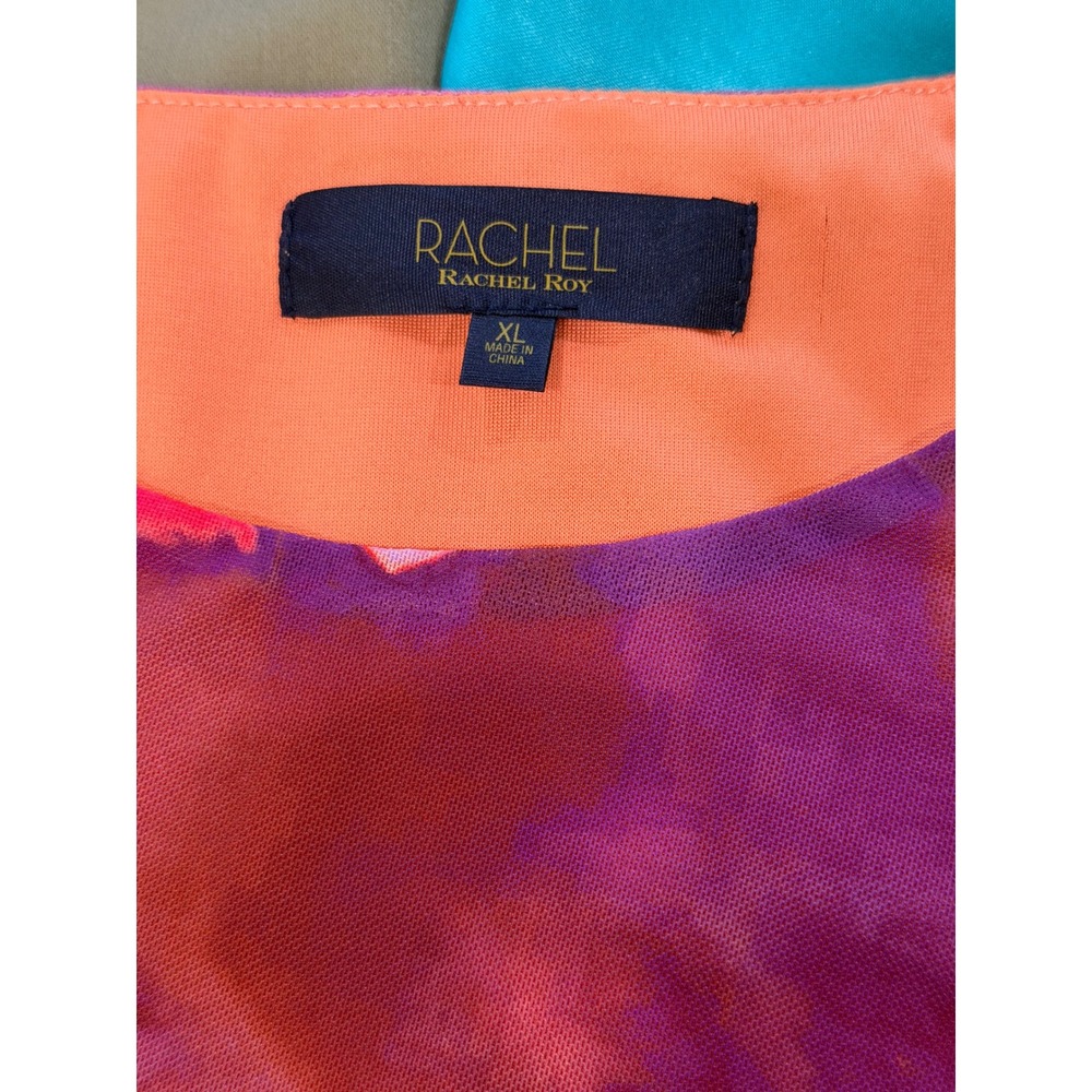 Rachel Roy Ruffle Mini Dress Multicolor XL Watercolor Mesh Ruched Asymmetrical - Picture 7 of 8